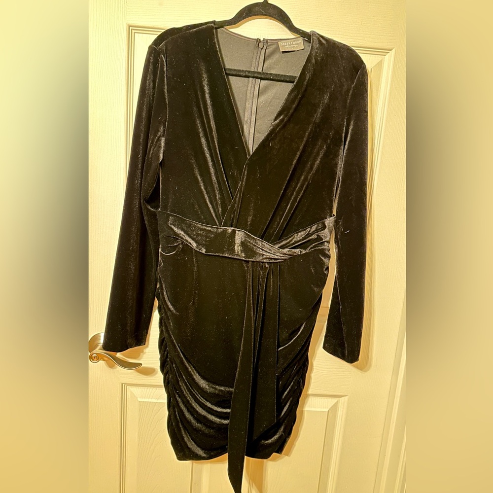 Black velvet long sleeve faux wrap dress